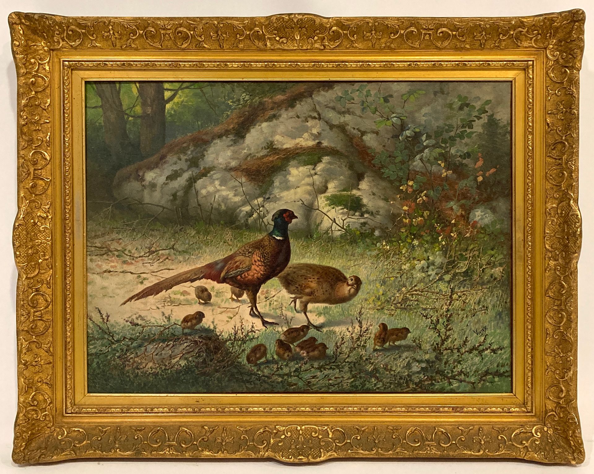 Null 
纳西斯-维维安（19世纪）

几只野鸡和小鸡。

布面油画，右下方有签名。

高度：53厘米。长度：72厘米。 

有框。褪色。