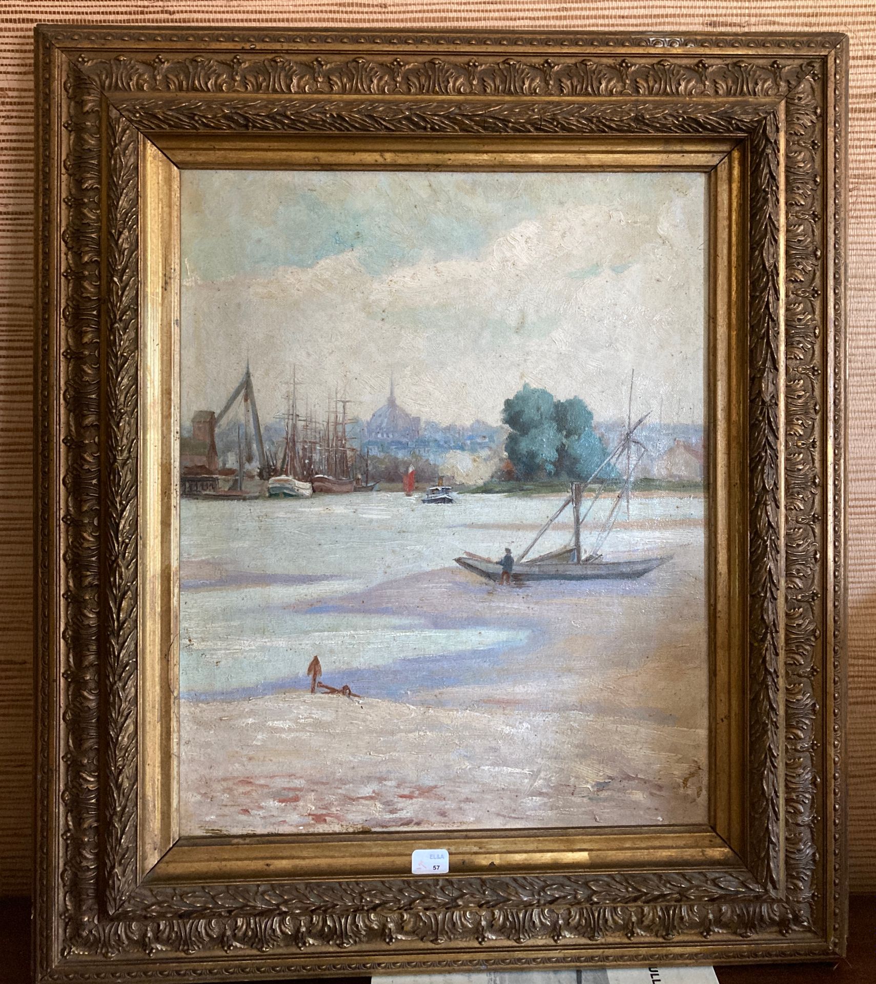 Null Xx世纪初的法国画派，南特的卢瓦尔河畔，罗基奥和马邦岛，布面油画。用木头和镀金灰泥装框，具有路易十六风格。高度：41厘米，宽度：32厘米。