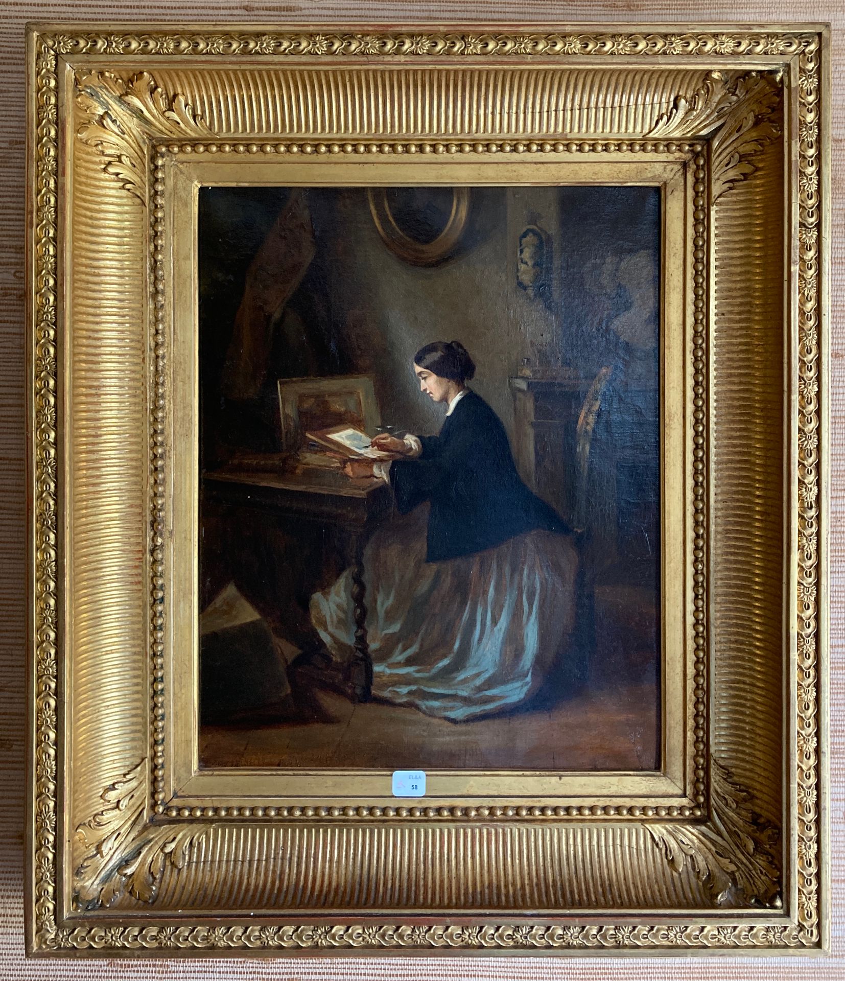 Null 
Paul THEBAUT - 女艺术家在她的工作室。布面油画，装在美丽的路易十六风格的通道框架中。高33厘米，宽31厘米