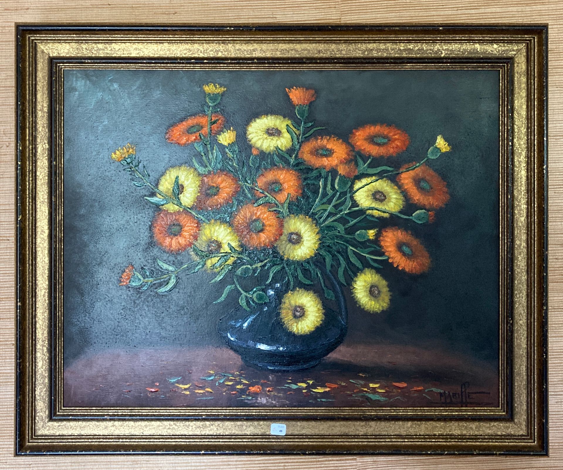 Null Georges Robert MABILLE - Still life with marigolds. Oil on canvas, signed l&hellip;