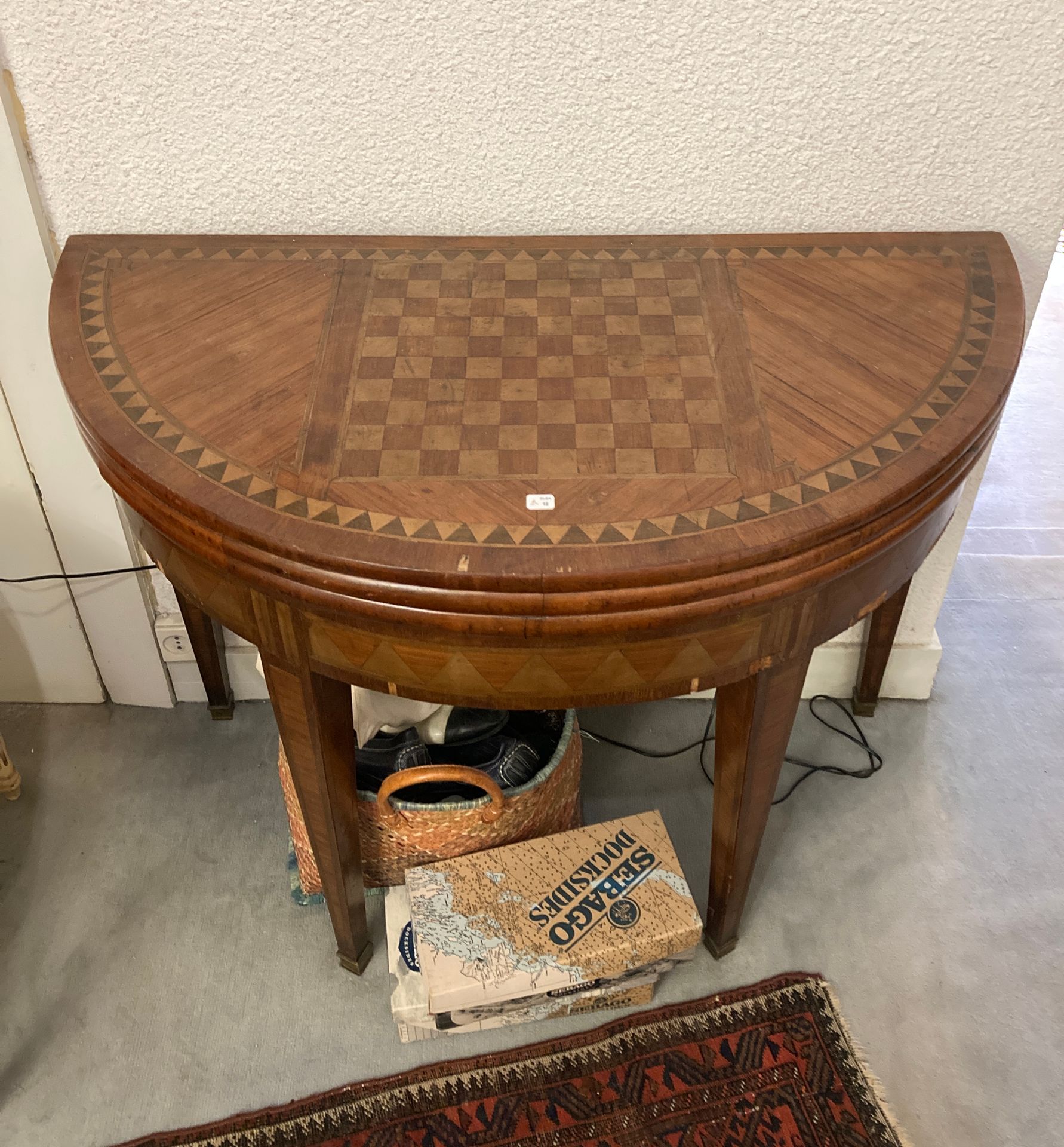 Null A half-moon table making a game table, and a round table. A pallet inlaid w&hellip;