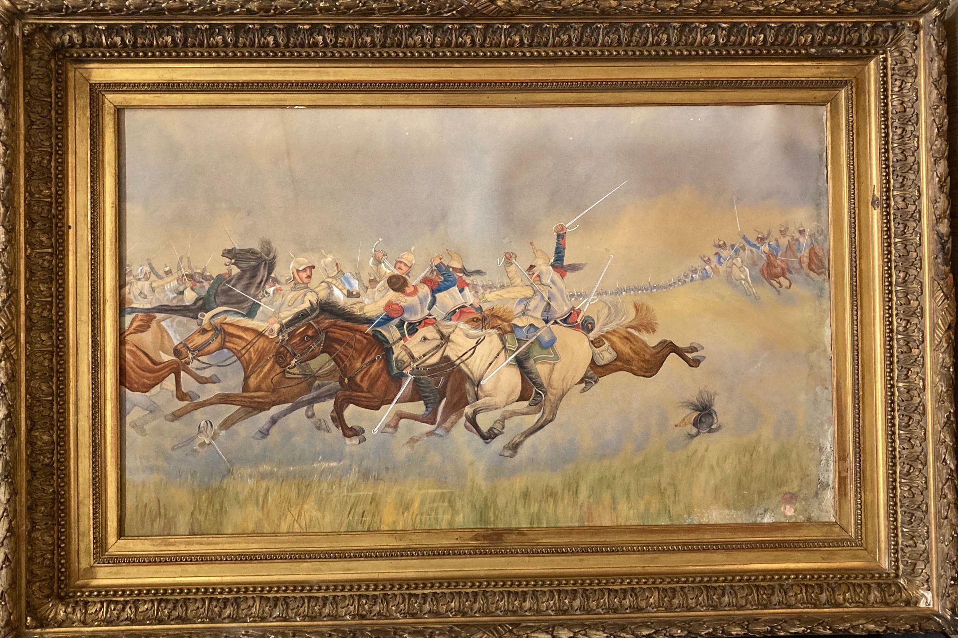 Null Paul HEMDEY在E.DETAILLE之后创作的水彩画，骑兵的冲击。大约1900年。画的右侧有重要的湿气。在一个模制的镀金灰泥框架中（小的缺失）&hellip;