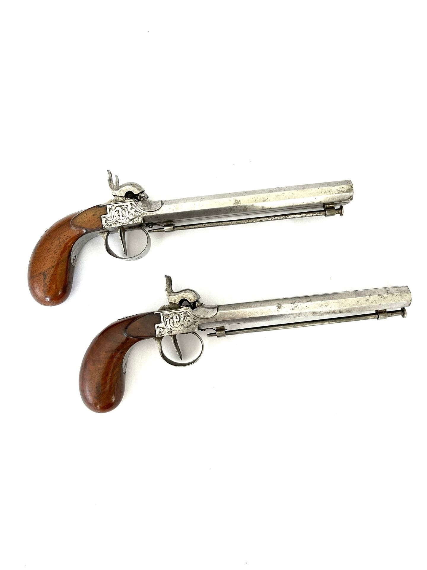 Null Important pair of percussion pistols

caliber 12 mm, octagonal tabletop bar&hellip;