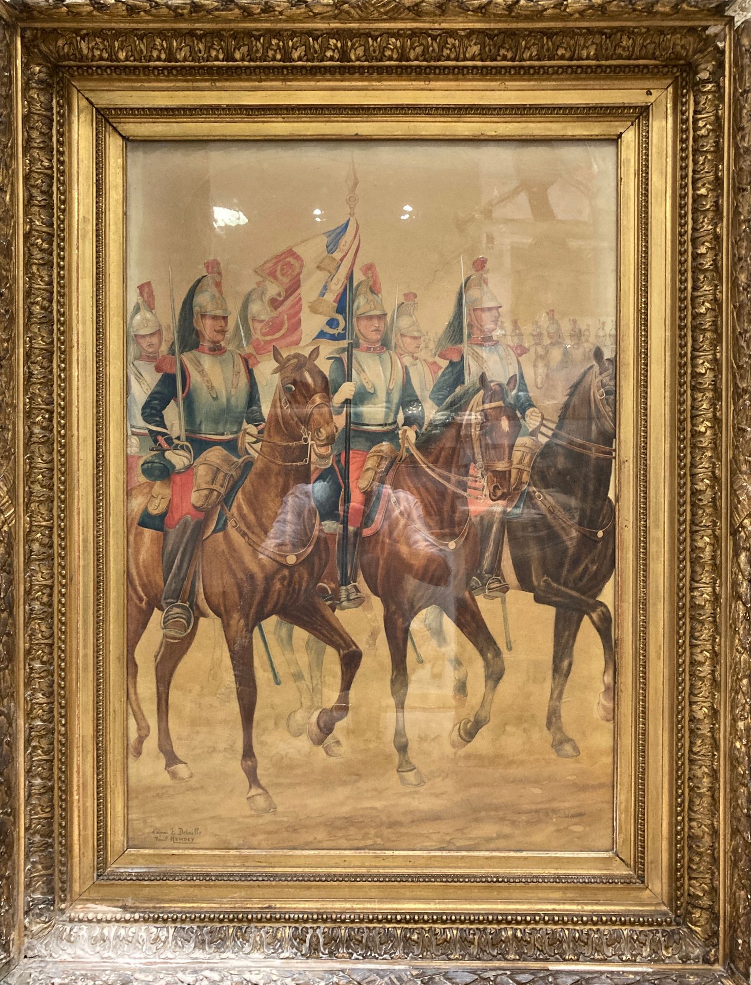 Null Paul HEMDEY, after E. DETAILLE

纸上水彩画，马背上的轻骑兵。大约1900年。左下方有签名。下部有些潮湿。在一个模制的鎏&hellip;