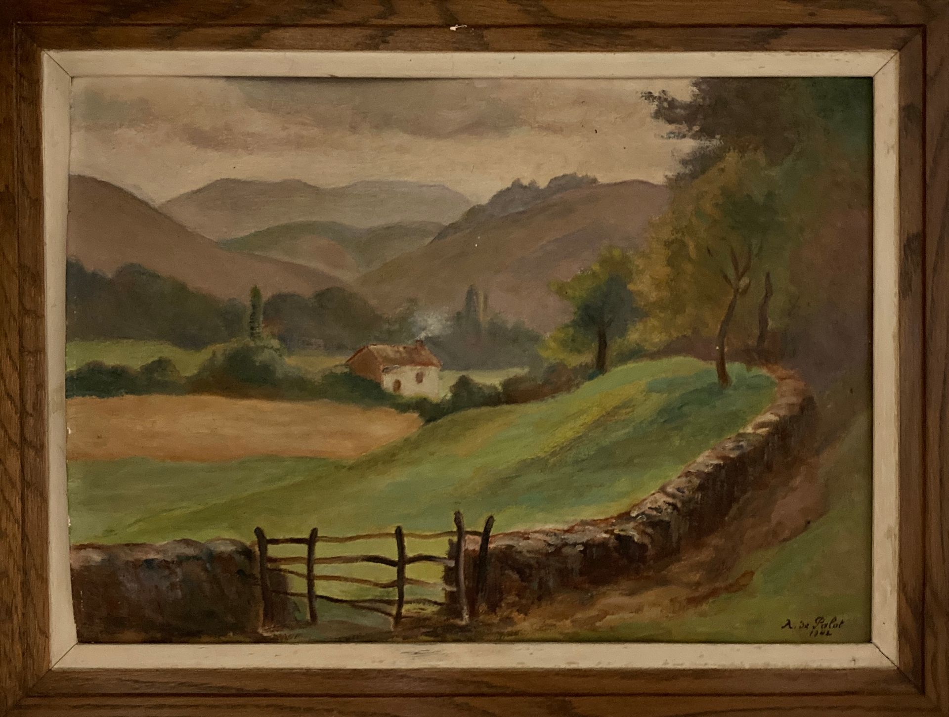 Null A.DE PALAT，"Paysage au champ et montagnes"，面板油画，右下方有签名和日期1942年。高34厘米。长47厘米。