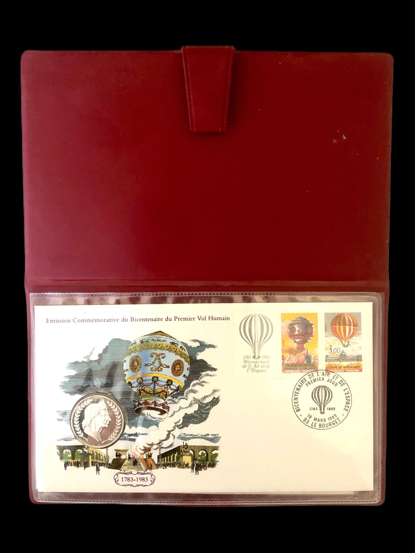 Null 富兰克林奖章版。1983.

"人类首次飞行二百周年纪念刊"。三套包括两枚邮票的信封和一枚奖章。富兰克林勋章获得者的版本。