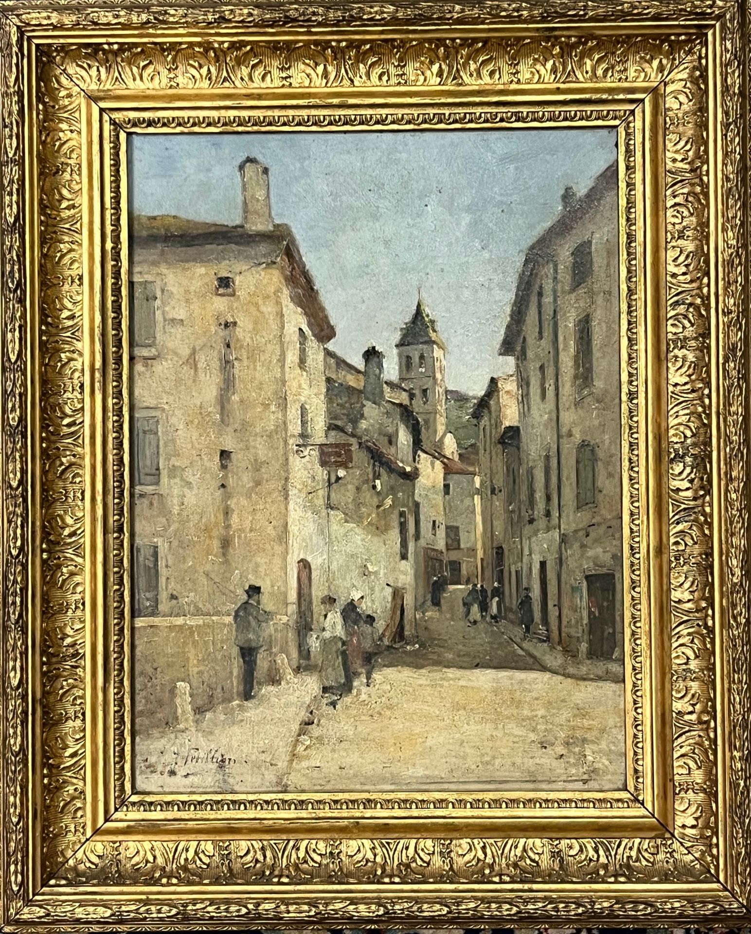 Null 儒勒-佩蒂隆 (1845 - 1899)

动画小巷 .

板面油画，左下角有签名，灰泥镀金木框。

高36厘米。长79厘米。