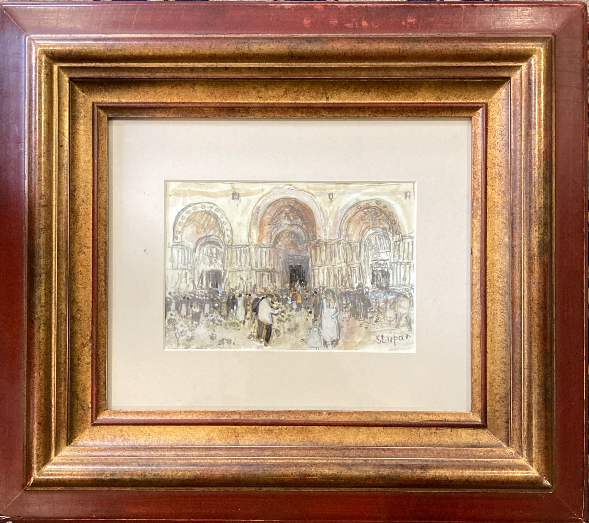 Null 马尔科-斯图帕尔 1936 - 2021
威尼斯，圣马可大教堂的广场
水彩画，右下方有签名。
高12厘米。长17.5厘米。