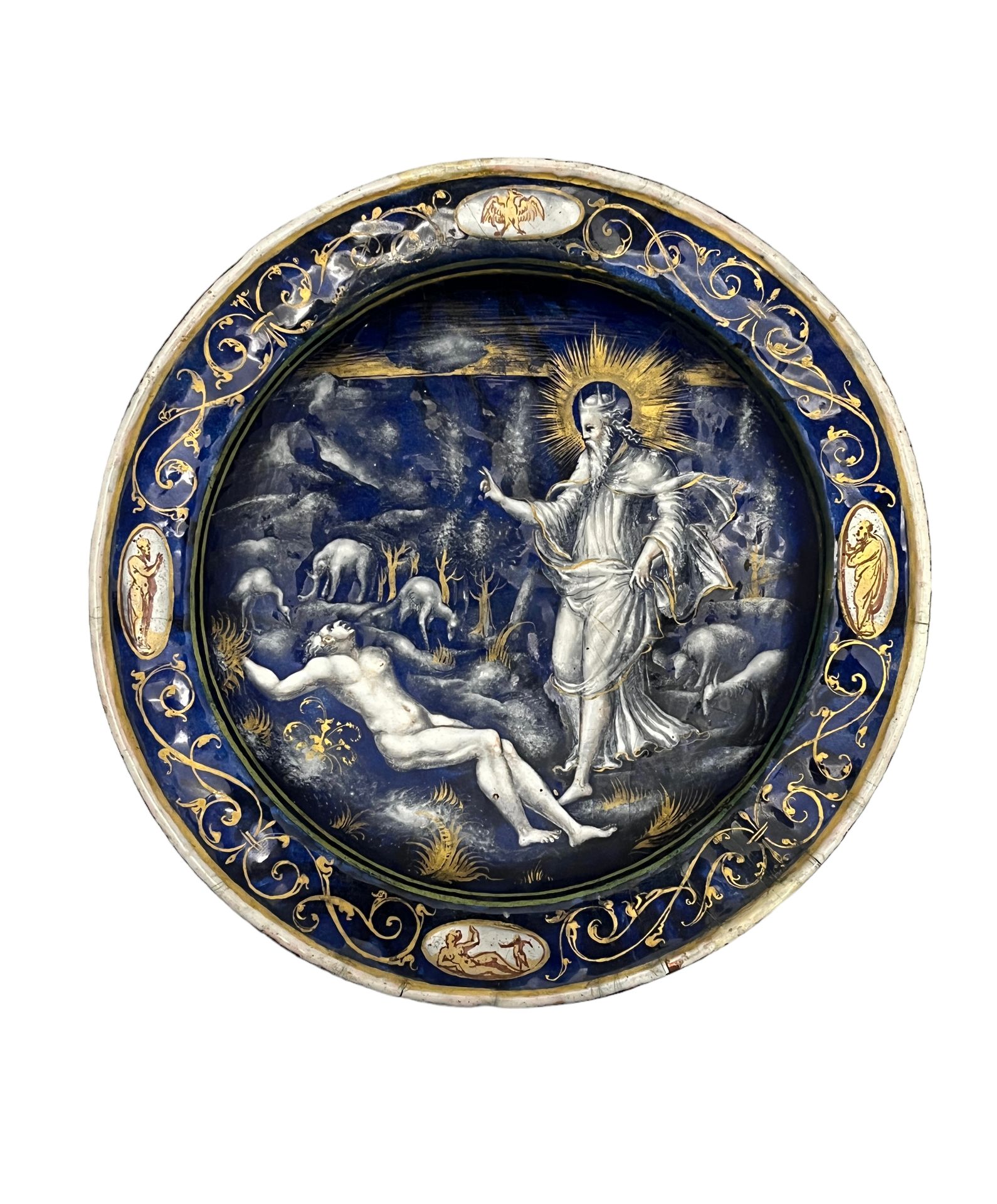 Null 珐琅盘以午夜蓝为底色，用金色和玫瑰色的高光描绘亚当的创造（创世纪，1，26-30和2，7），这幅画是伯纳德-萨洛蒙从《圣经》的Quatrins his&hellip;