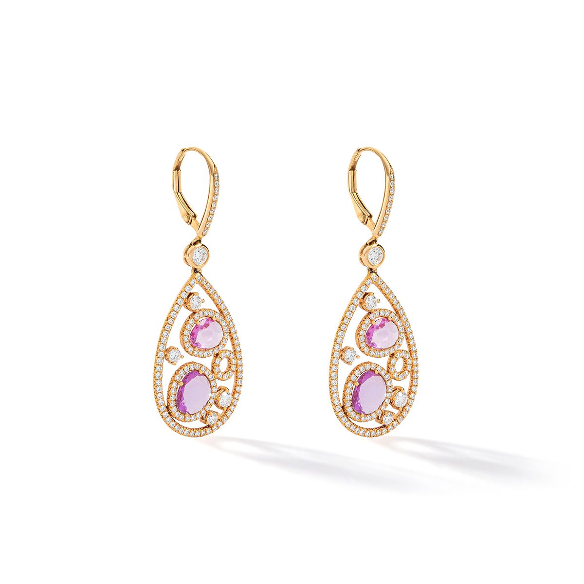 Null 18K黄金和钻石镶嵌粉色蓝宝石和紫水晶的吊坠耳环

尺寸：45 x 17 mm

毛重：7.80克