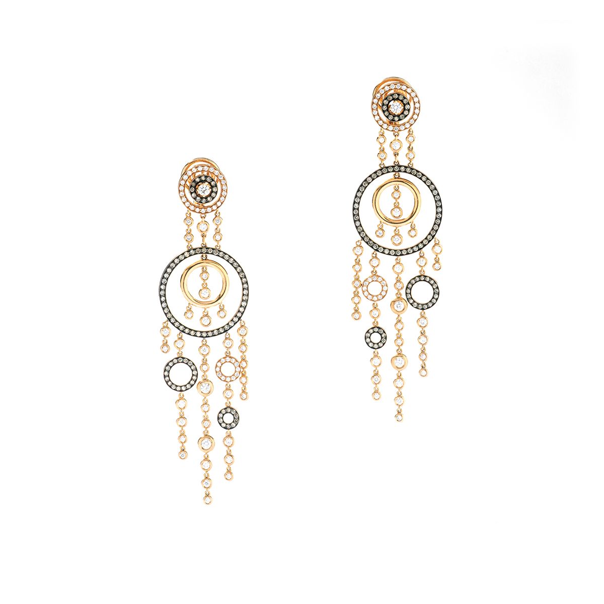Null 18 ct yellow and black gold earrings with openwork circles of different siz&hellip;