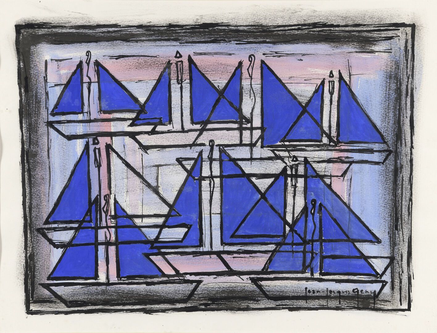 Null 让-雅克-热内（1945-2021）。

"带蓝色三角形的构图"。

水粉画，右下方有签名。

48 x 62 cm