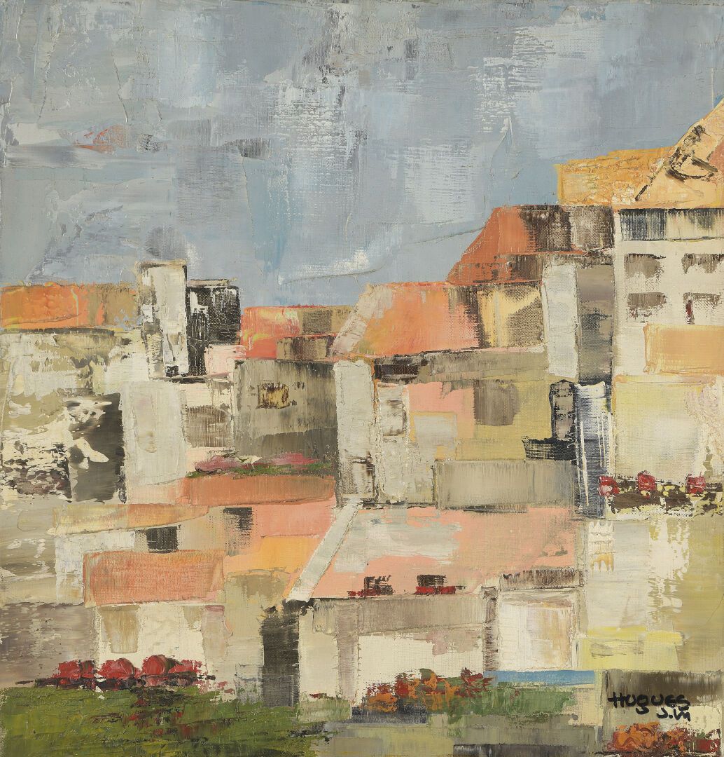 Null JM. HUGUES. 

"Village". 

Oil on canvas, signed lower right. 

42 x 40 cm
