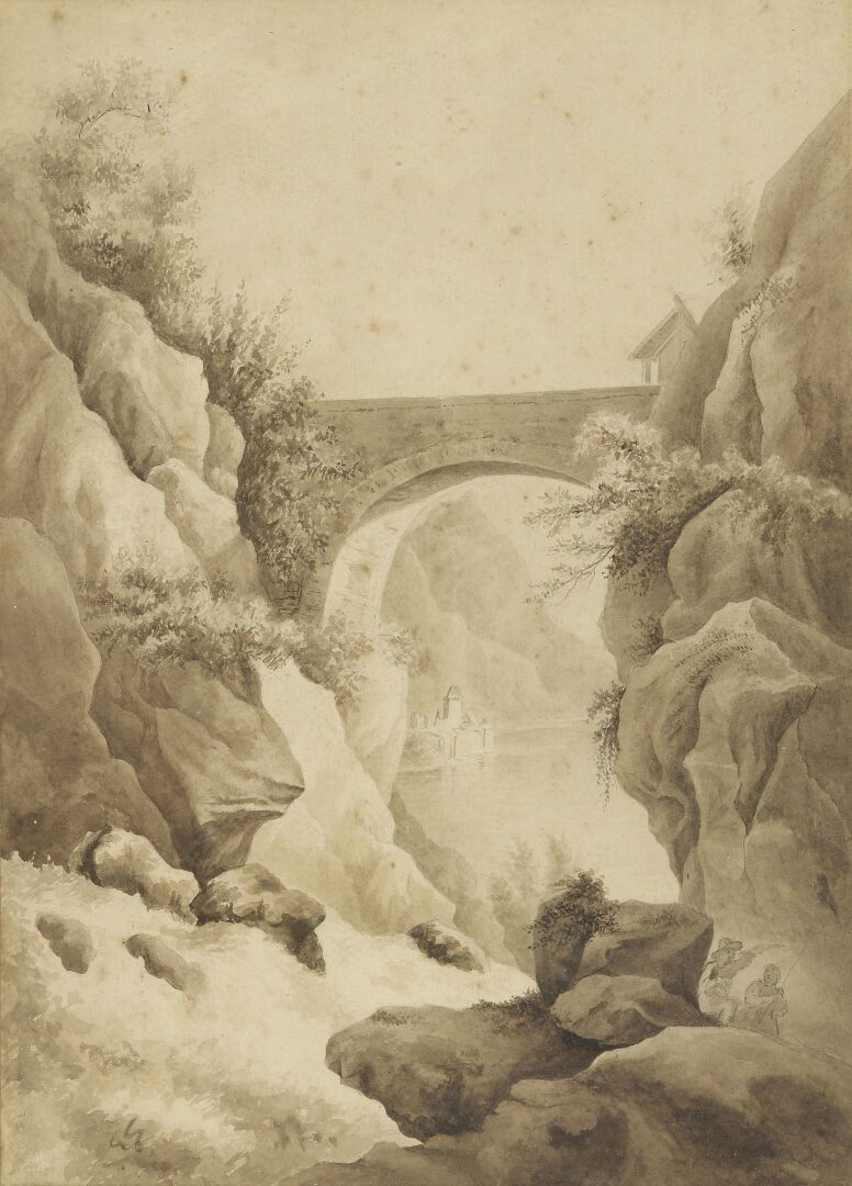Null "有桥和瀑布的风景。

清洗。36,5 x 26 cm (有皱纹)