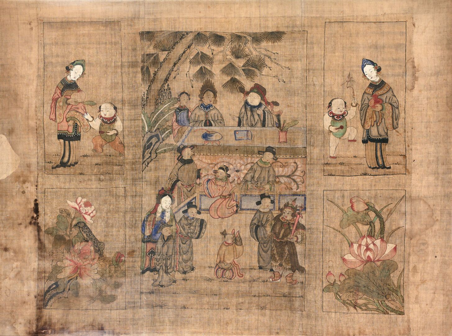 Null 丝绸上的大型绘画，有日常场景。

镀金的木质框架。

远东

98 x 131 cm
