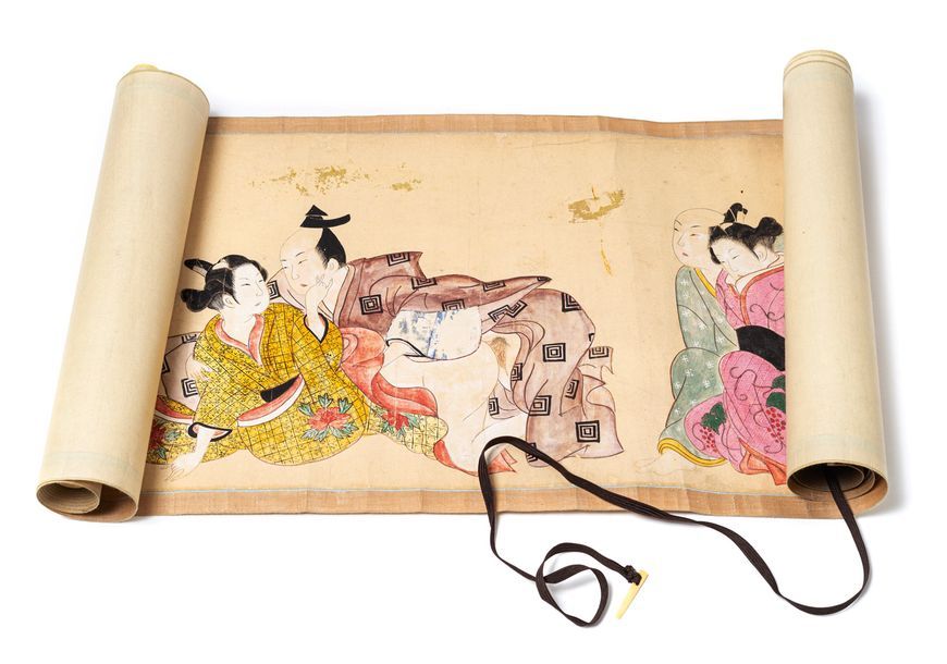 Null Kakémono, Japon, vers 1900. Gouache sur tissu fin contrecollé sur papier, 3&hellip;