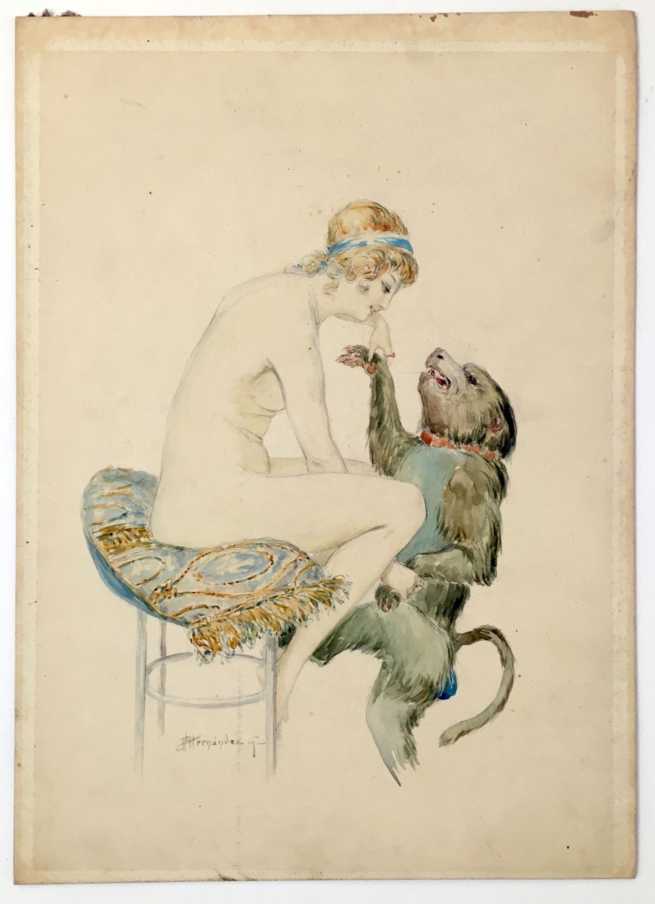 Null 
女人和猴子。大约在1920年。水彩画，38 x 27厘米。