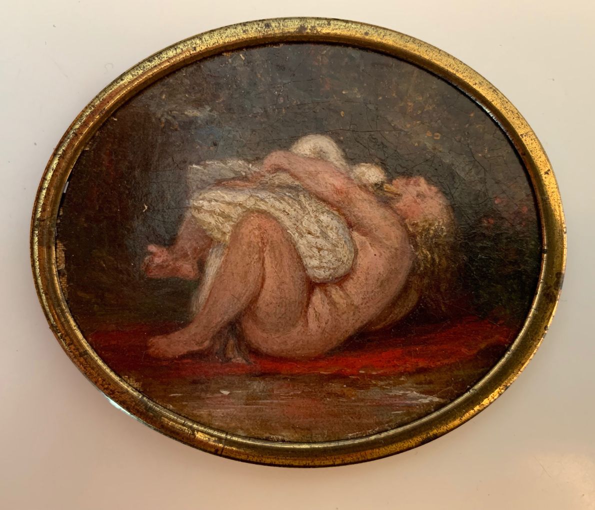 Null 
[不明身份的艺术家]莱达和天鹅，约1900年。布面油画微型画，7.3 x 6厘米。