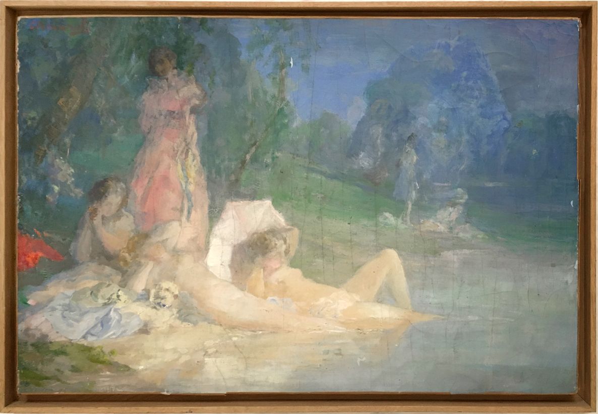 Null 保罗-奇马洛夫（1874-1950）。河边的四个女人，其中一个穿着粉红色的衣服。布面油画，59.5 x 91.5厘米。左上方有红色油画签名。