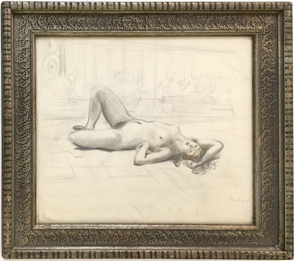 Null MARYZE. Reclining Nude. Pencil, charcoal and brown wash, 28 x 31 cm. Signed&hellip;