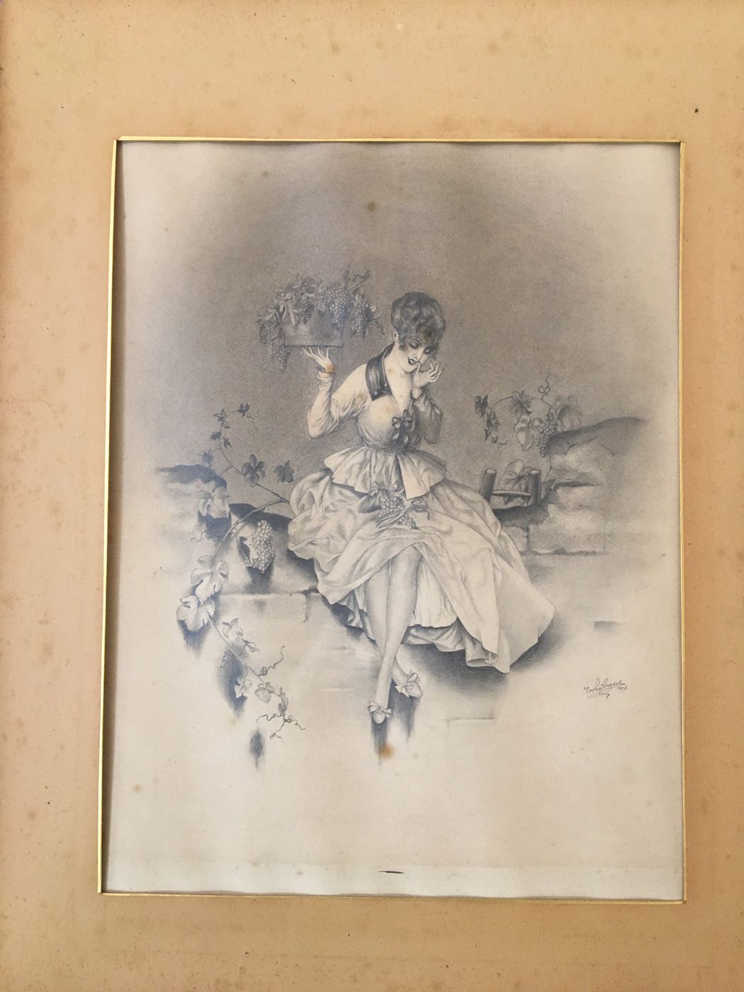 Null 
R.HIBOUT。采摘葡萄的妇女。采摘苹果的妇女。2张铅笔画，约1920年，45 x 32厘米。在底部签名。日期为1917年。