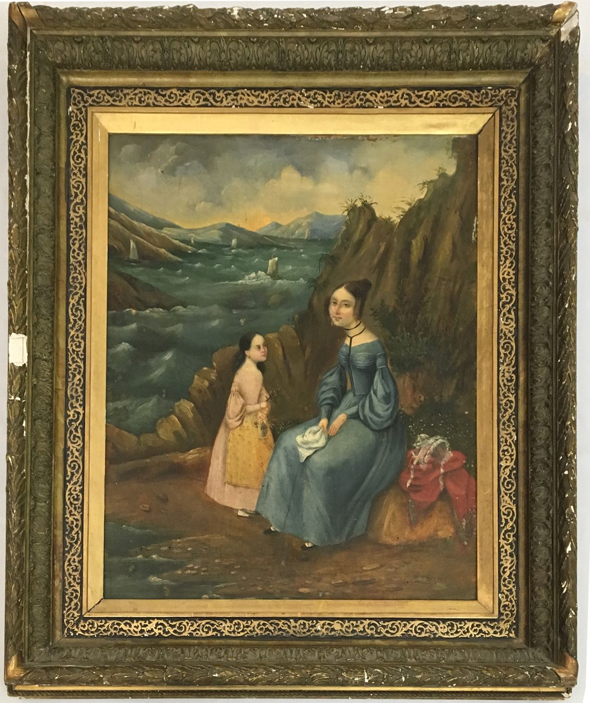 Null 19世纪的法国学校。岩石景观中的女人和女孩。布面油画，63 x 52厘米。右下角有不明显的签名。事故。