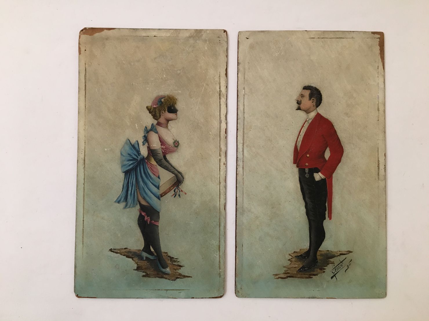 Null MENARD. Ehepaar auf dem Ball, um 1890. 2 Ölgemälde, je 32 x 18 cm. Eines si&hellip;