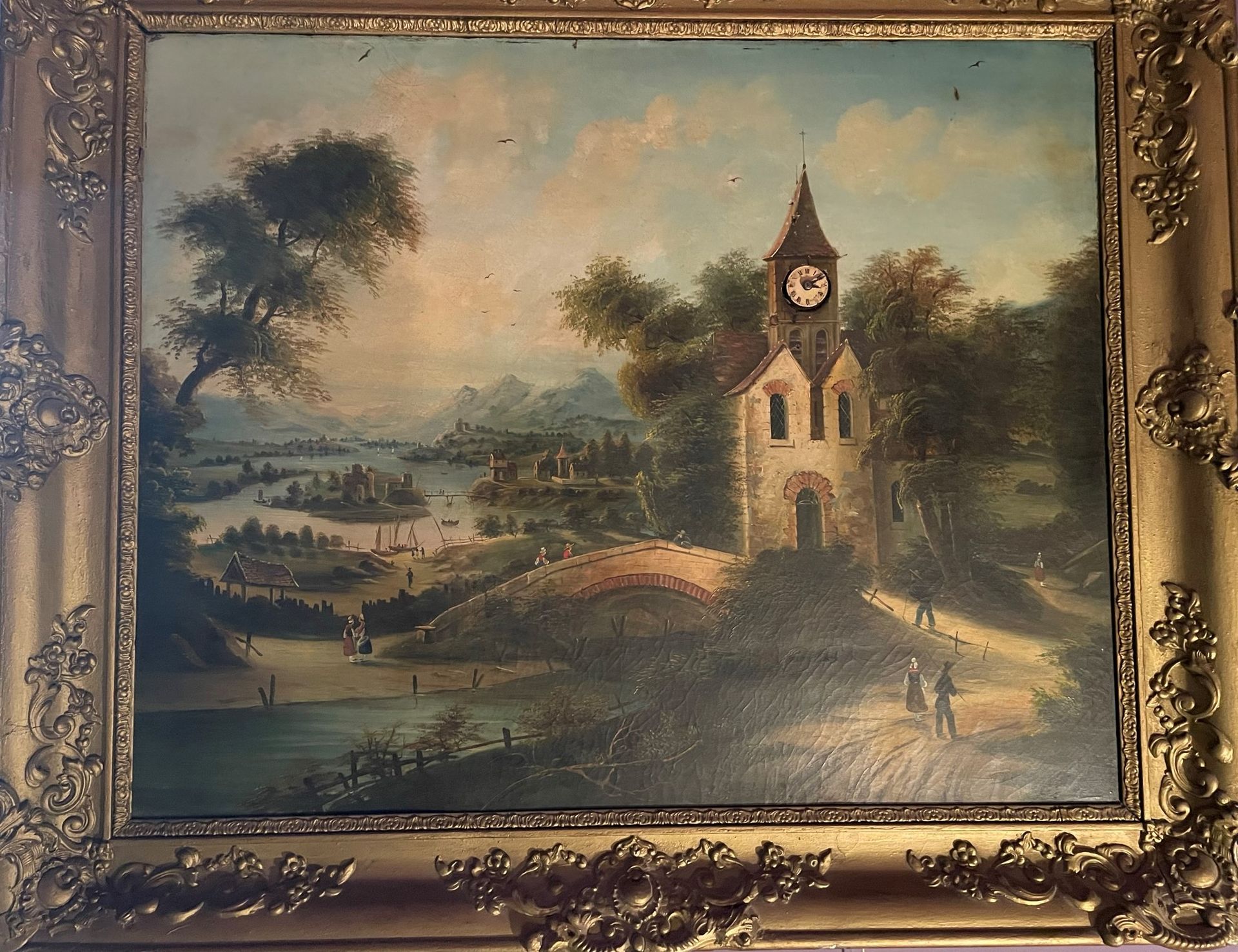 Null Tableau à horloge et musique à décor de paysage lacustre.

XIXe siècle.

Hu&hellip;