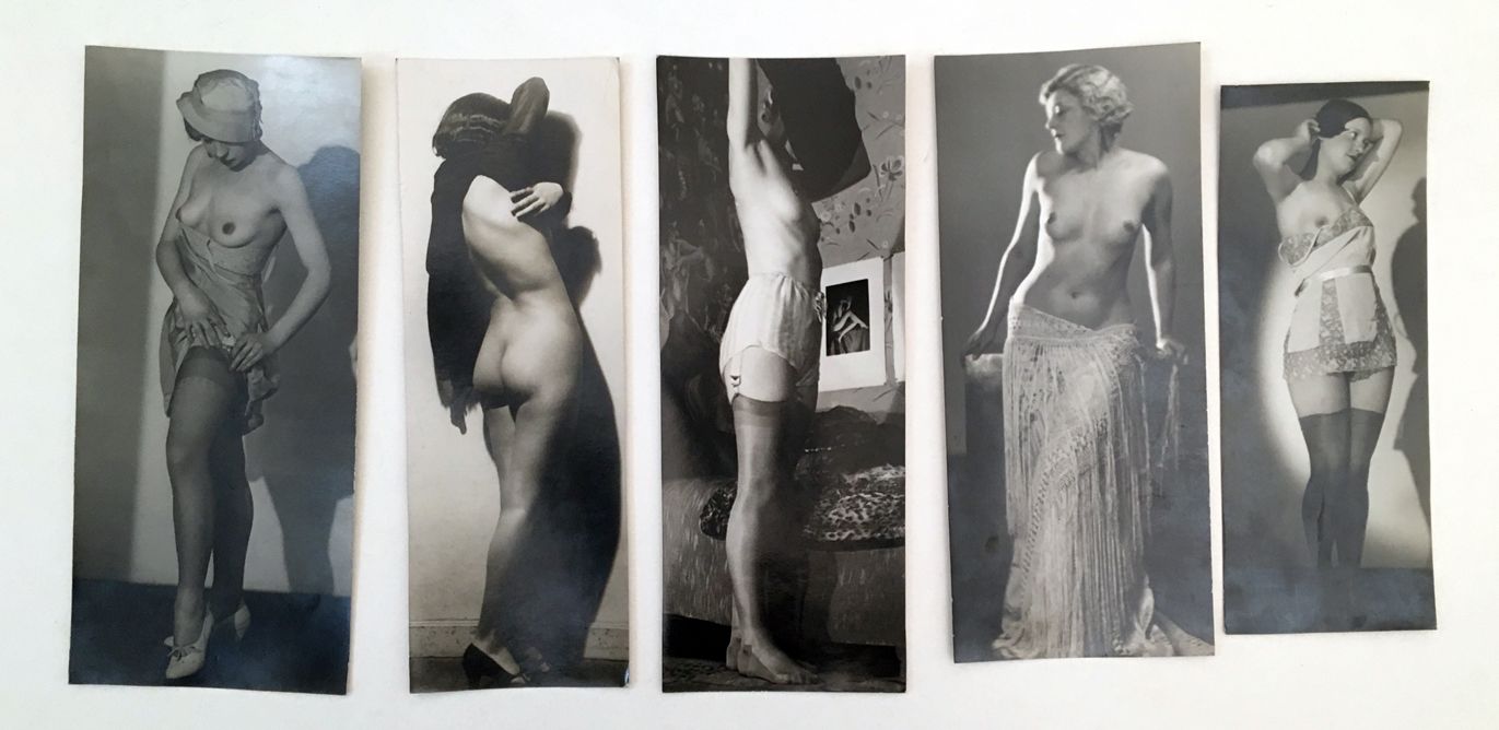 Null PIAZ，35 号工作室，GRÜN。裸体和内衣研究，约 1930 年。5 幅当代银质版画，约 22 x 9 厘米。背面有印章和出版说明。