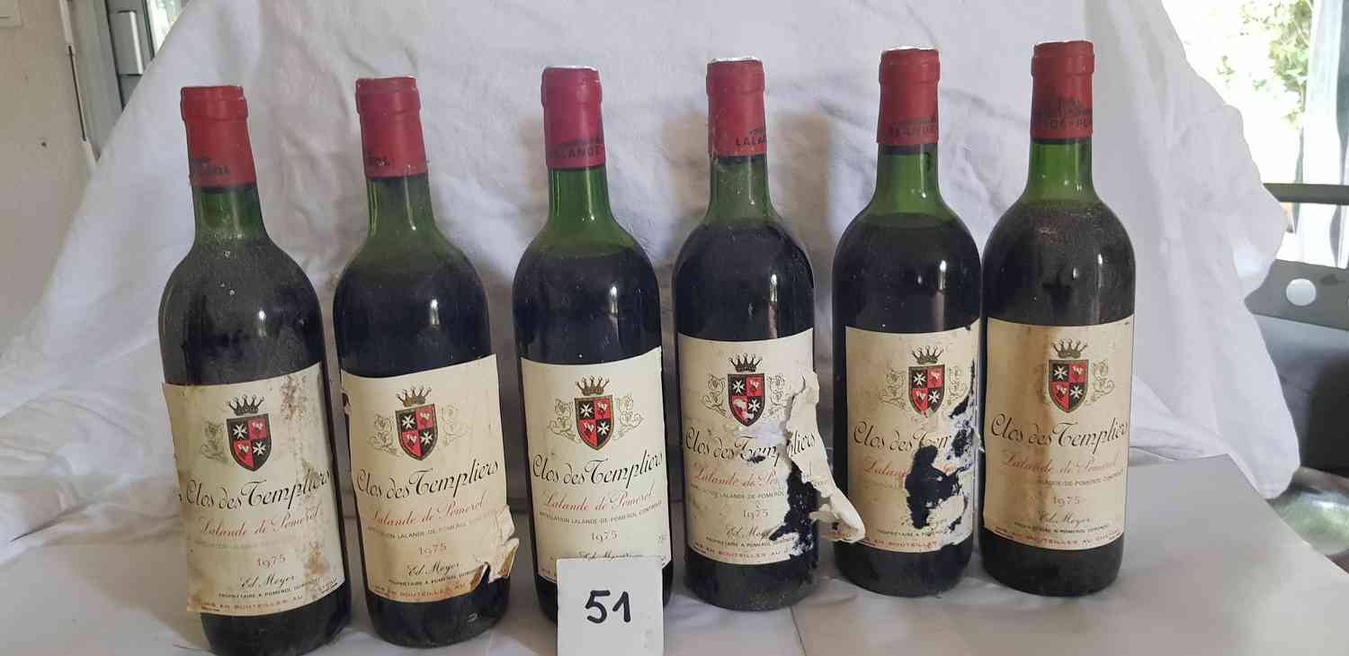 Null 6 bottles CLOS DES TEMPLIERS 1975 LALANDE DE POMEROL. 3 labels torn, 3 half&hellip;