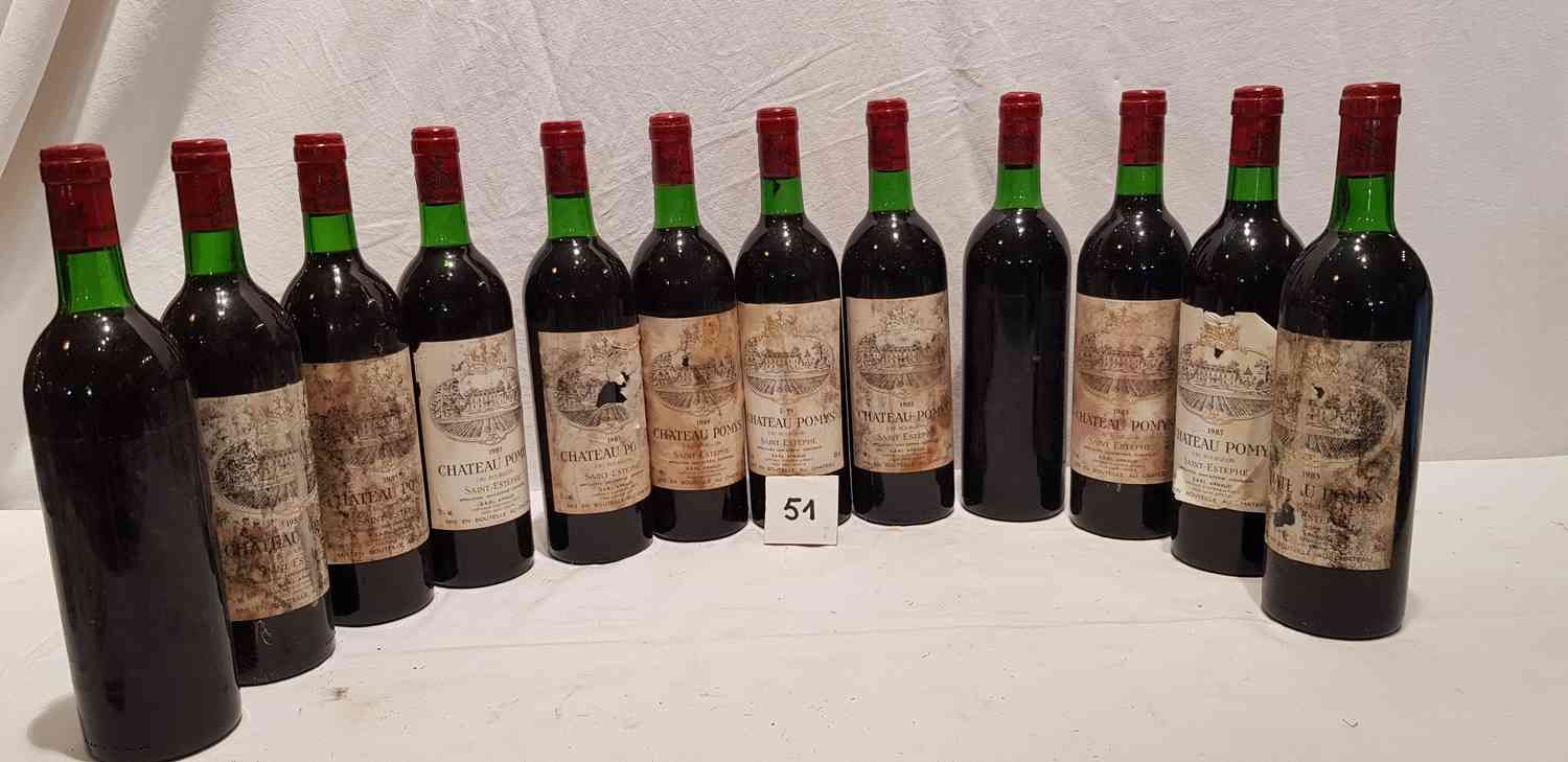 Null 12 Bottles château POMYS 1985 SAINT ESTEPHE. Very stained labels, 2 missing&hellip;