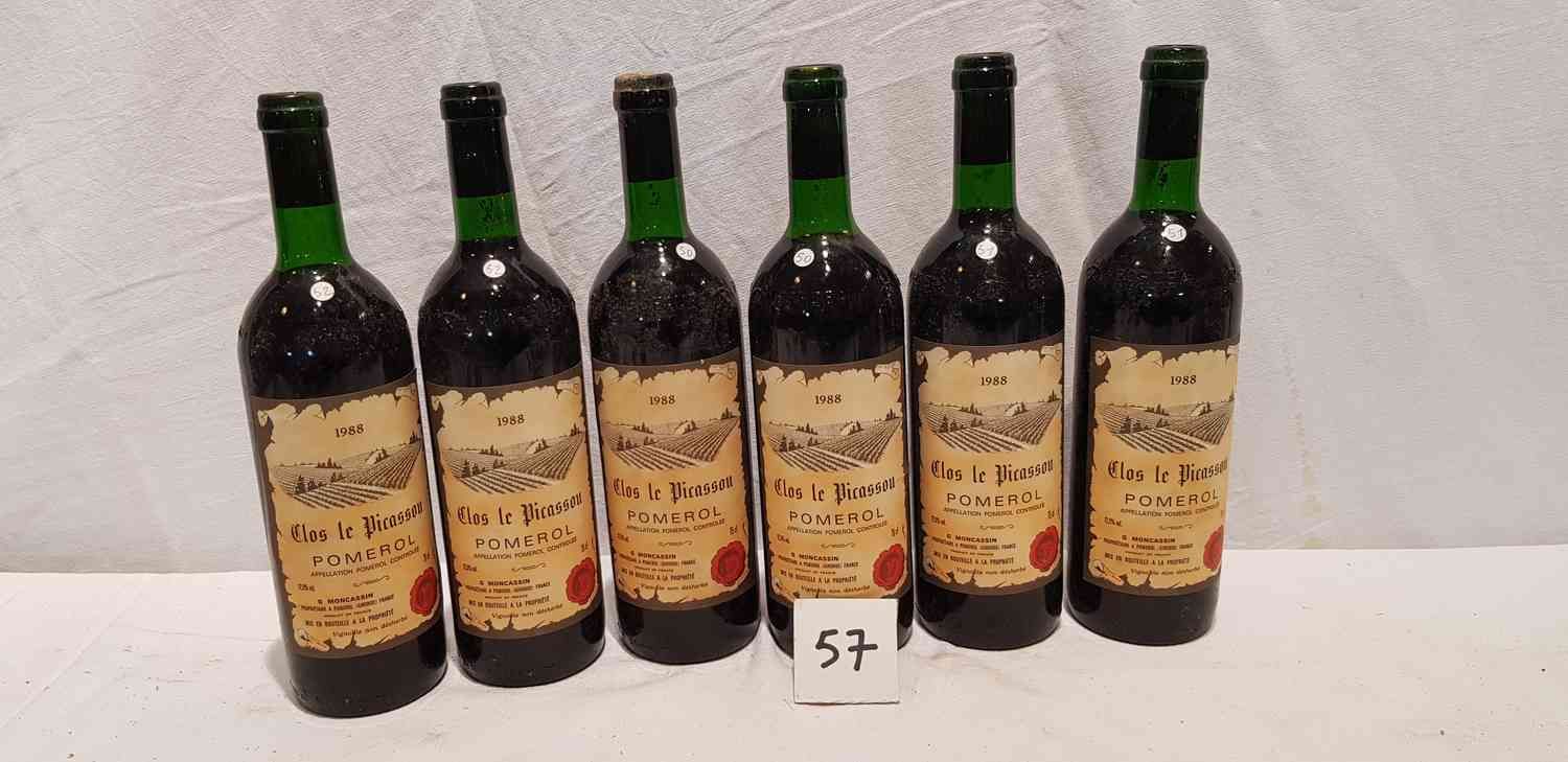 Null 一批6瓶CLOS LE PICASSOU。POMEROL。1988.完美的标签，3个底颈和3个顶肩。