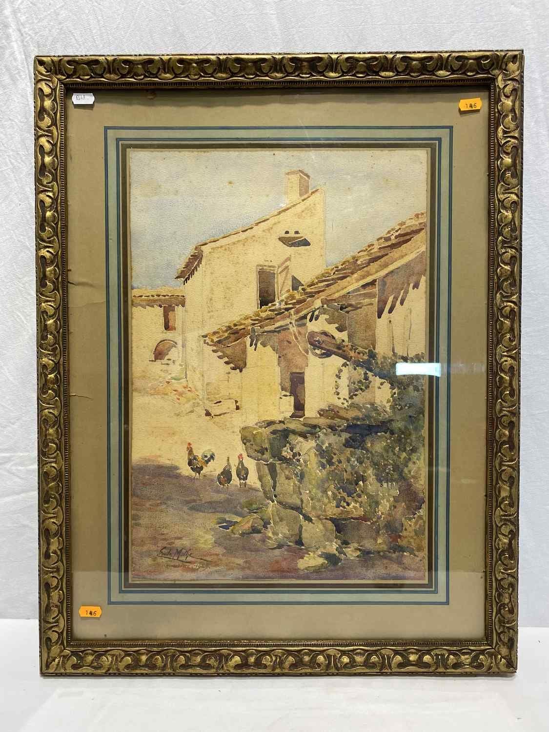 Null Watercolor "Basse cour" signed Emile MOTHE dated 1929 "courtebotte