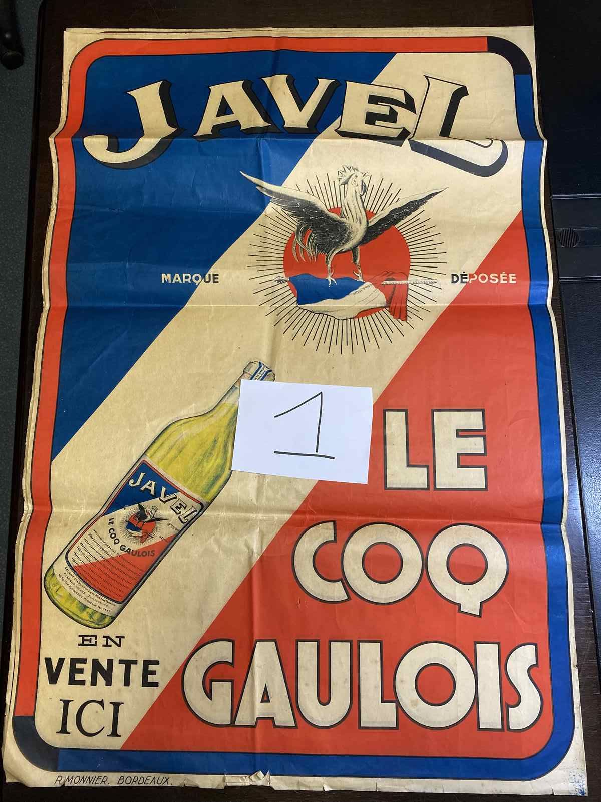 Null 广告海报Javel Le Coq Gaulois R.Monnier a Bordeaux polychrome format 57x85 边缘有折痕&hellip;