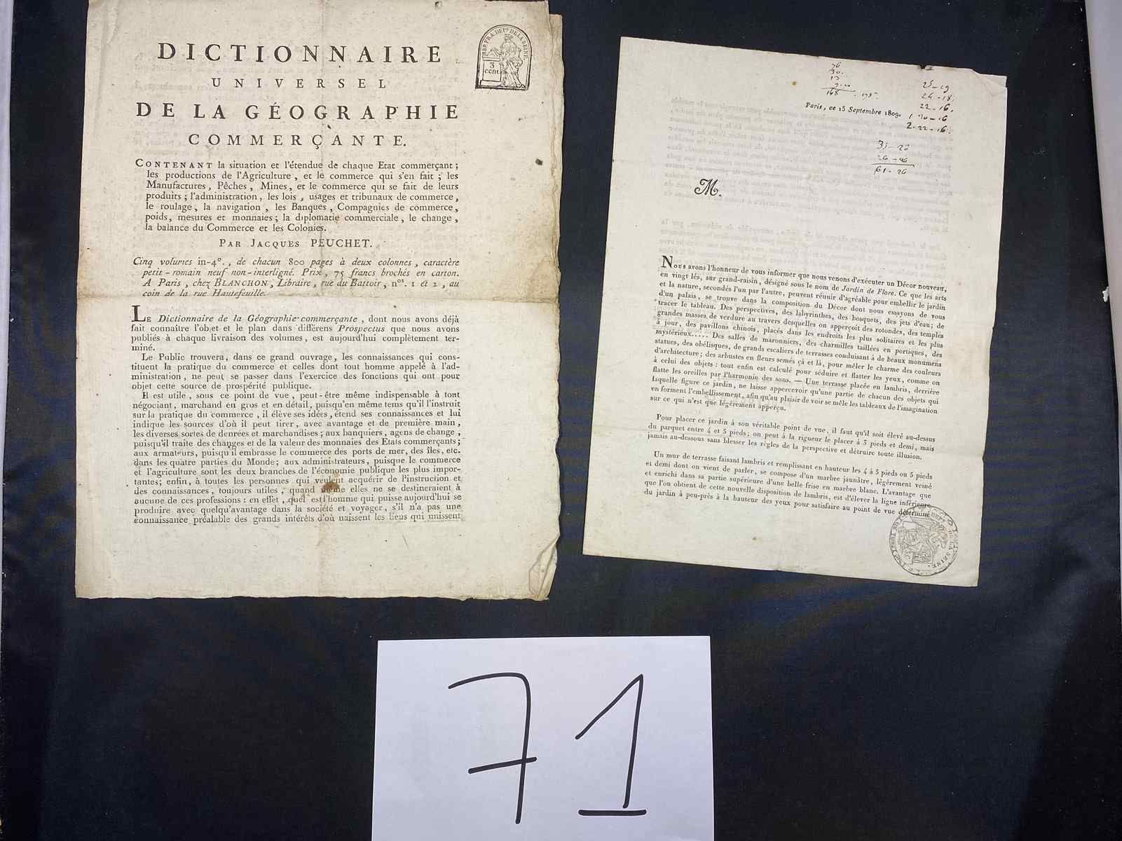 Null 2份双页印刷文件，涉及向Dufour et cie订购的挂毯。1809年9月15日的Seine邮票。 4页的文件，介绍了《商业地理学通用词典》，盖有塞&hellip;