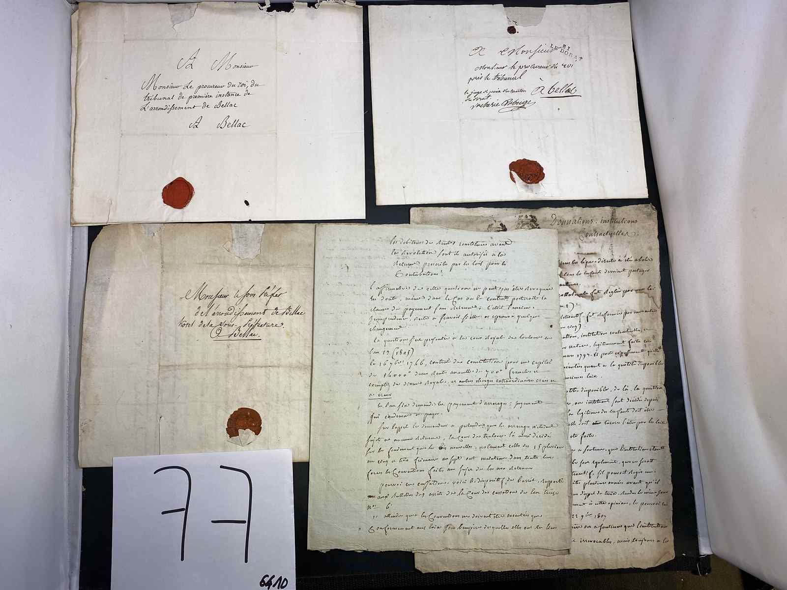 Null 有关法律行动的各种文件和信件。 3份写给Bellac副省长的信件，日期分别为1816年、1817年、1823年......带印章，保存完好。1814年&hellip;