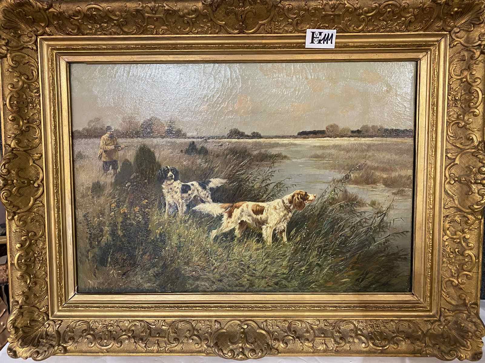 Mise à prix 600 € 
1 Huile sur toile "Scène de chasse avec 2 chiens à l'affût et&hellip;