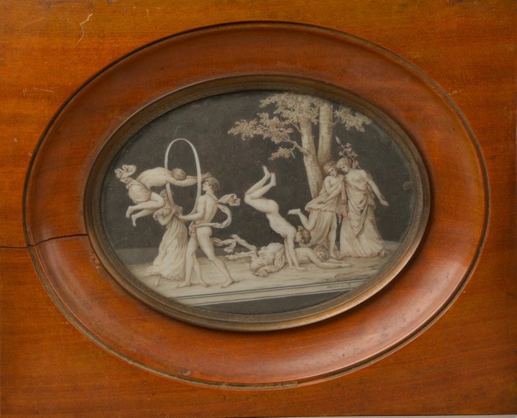 Null DECOURCELLE (XIXe siècle).
Scène de jeux avec un satyre.
Miniature ovale su&hellip;