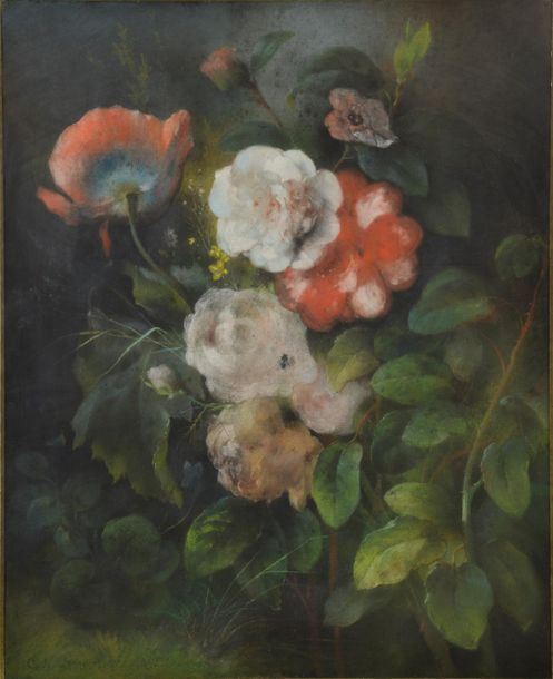 Null Charles-Nicolas LEMERCIER (XIXe siècle).
Fleurs et fruits.
Deux pastels sig&hellip;