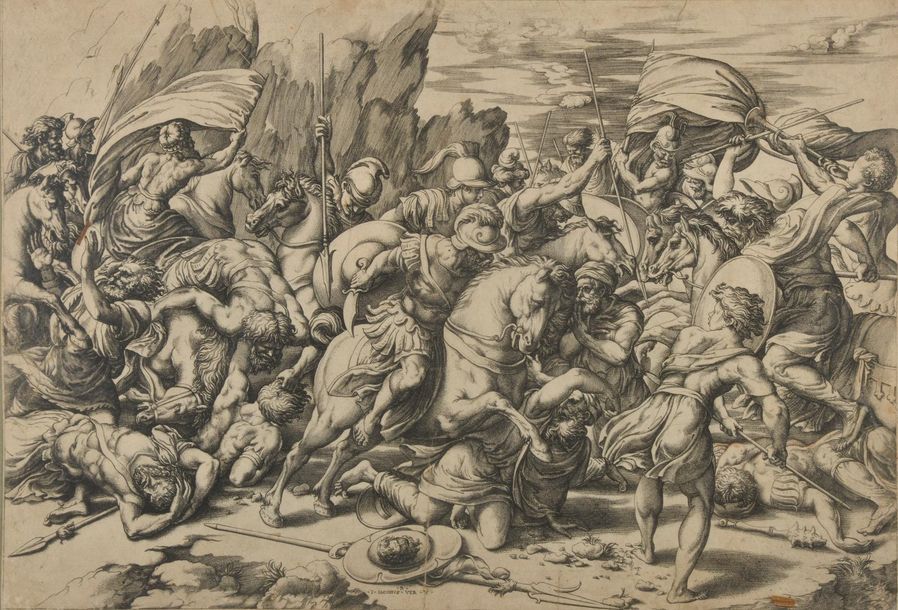 Null Giacomo CARAGLIO (1505-1565).
Scène de bataille avec lance et bouclier, gra&hellip;