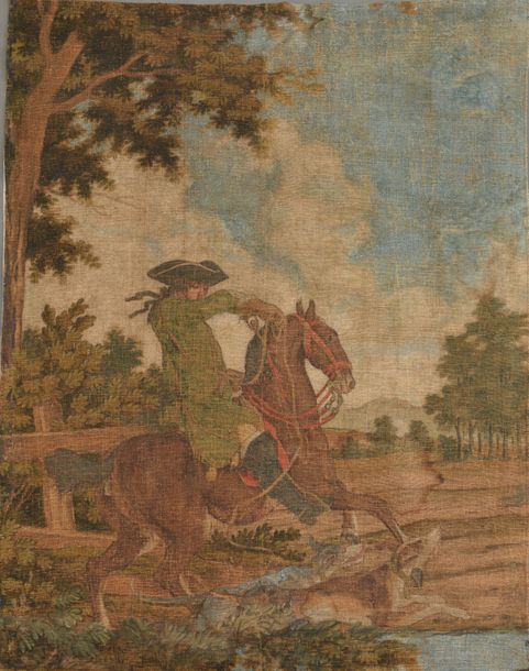 Null Scène de chasse.
Toile peinte (tache). 
Sud de la France, fin du XIXe siècl&hellip;