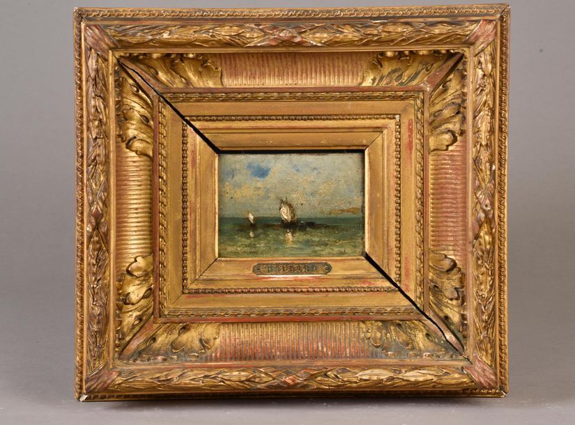 Null Attribué à Auguste I BOULARD (1825-1897). 
Marine.
Huile sur panneau.
Haut.&hellip;