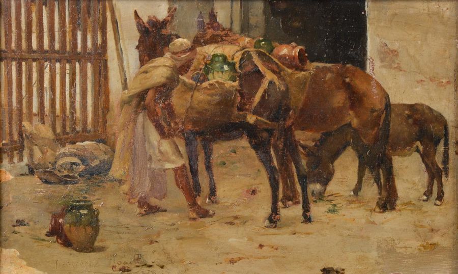 Null Francisque NOAILLY (1855-1942).
L'ânier préparant ses bêtes.
Huile sur pann&hellip;