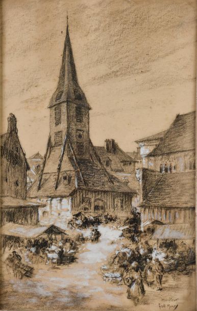 Null Fred MONEY (1882-1956).
Vue de l'église d'Honfleur.
Fusain et rehauts de go&hellip;