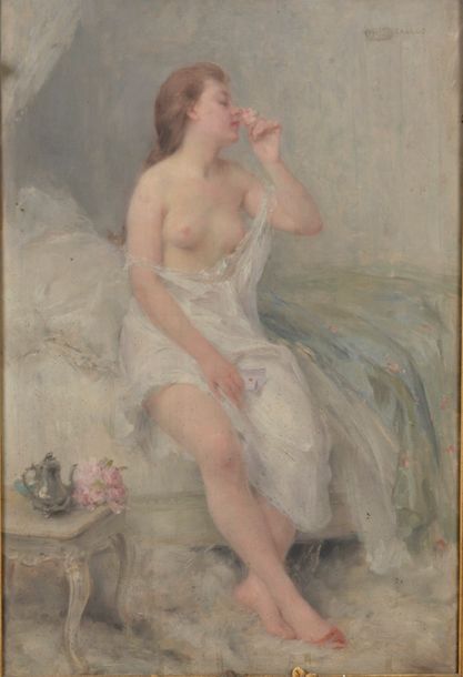 Null Georges CALLOT (1857-1903). 
Nu assis à la rose.
Huile sur toile signée en &hellip;