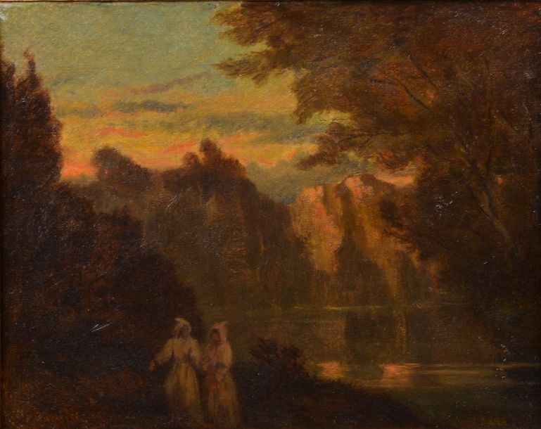 Null Eugène TOURNEUX (1809-1867).
Deux moines dans un paysage.
Huile sur toile s&hellip;