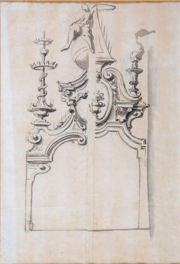 Null Jh., Dekor einer Kirchenfassade, Feder und graue Tinte, grau laviert, 28 x &hellip;