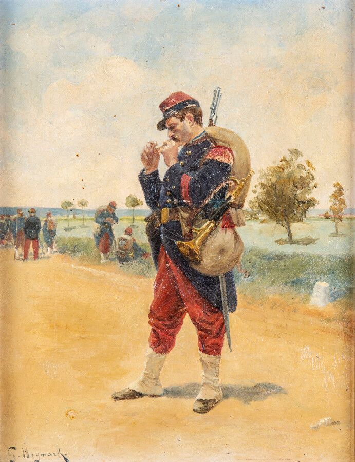 Null Gustave NEYMARK (1850-1910): "Soldat beim Pfeiferauchen" - Öl auf Leinwand &hellip;