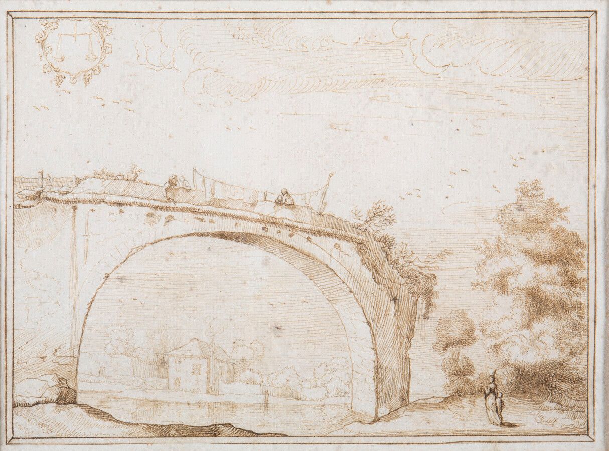 Null 19世纪法国学校，老桥附近的运水人和她的孩子，钢笔和棕色墨水，21 x 24厘米，专家：René MILLET