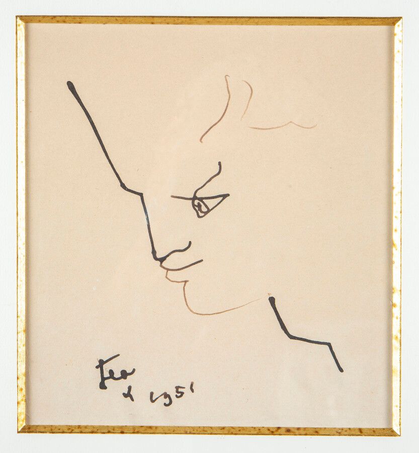 Null Jean COCTEAU, (1889-1963), Profil einer Ephebe, Tinte auf Papier, signiert &hellip;